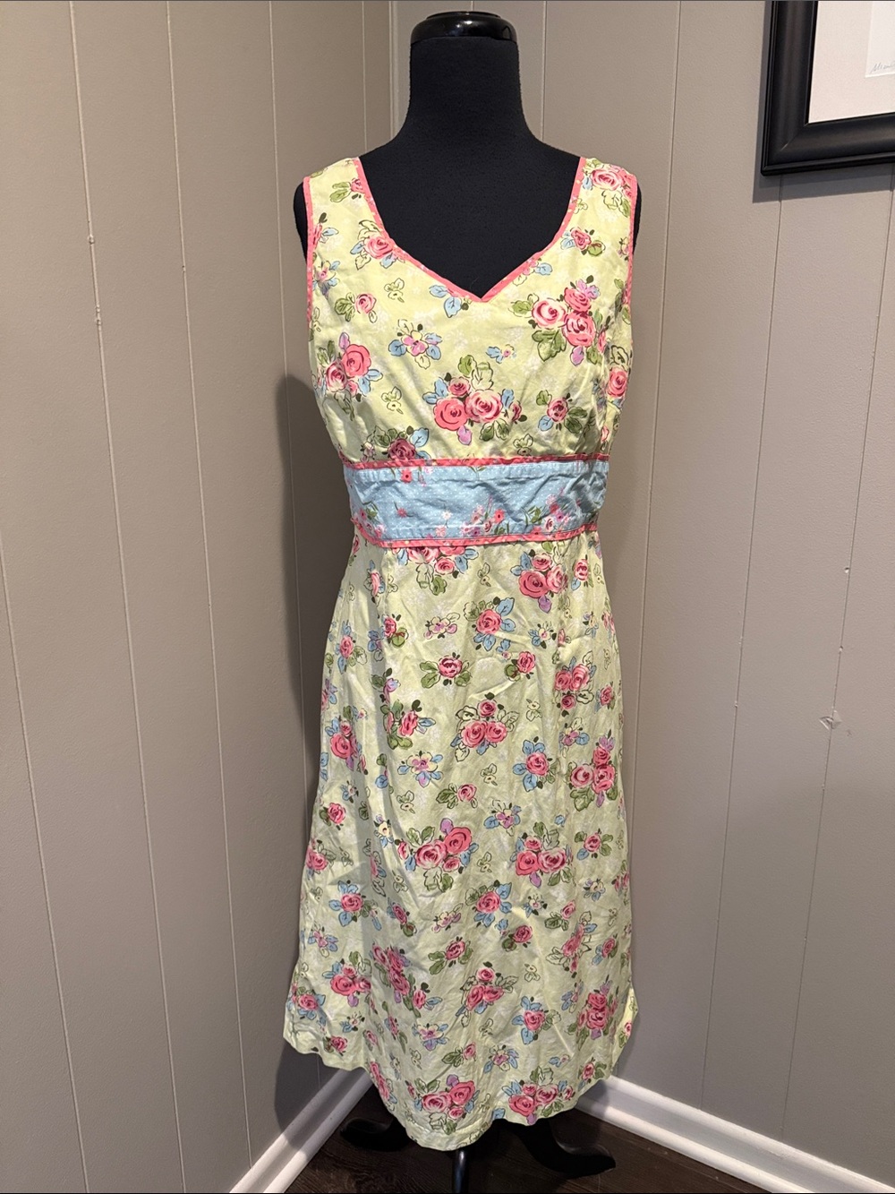 Hanna Andersson Women 10 Floral Midi Dress with Pink Roses Blue Waistband